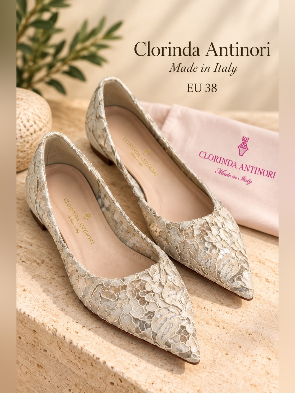 Clorinda Antinori Made in Italy Ivory Lace Pointed Toe Flats EU 38
